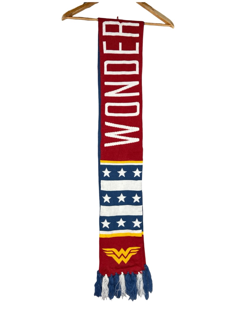 DC Comics Wonder Woman Knit Scarf Bioworld Cosplay Retro Star Fringe Red Blue